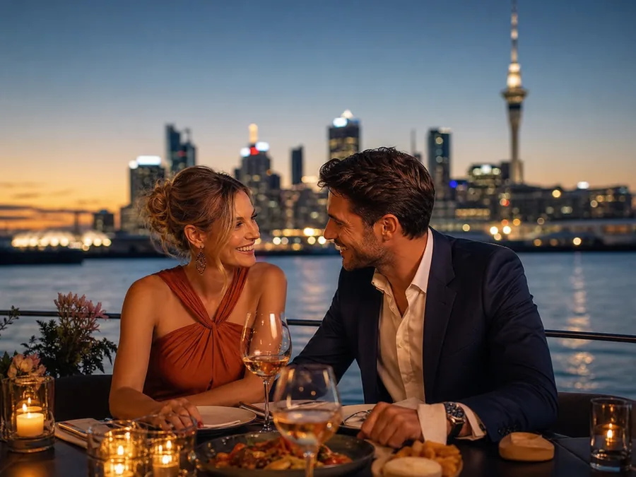 Adult couple enjoying an elegant waterfront date in Auckland