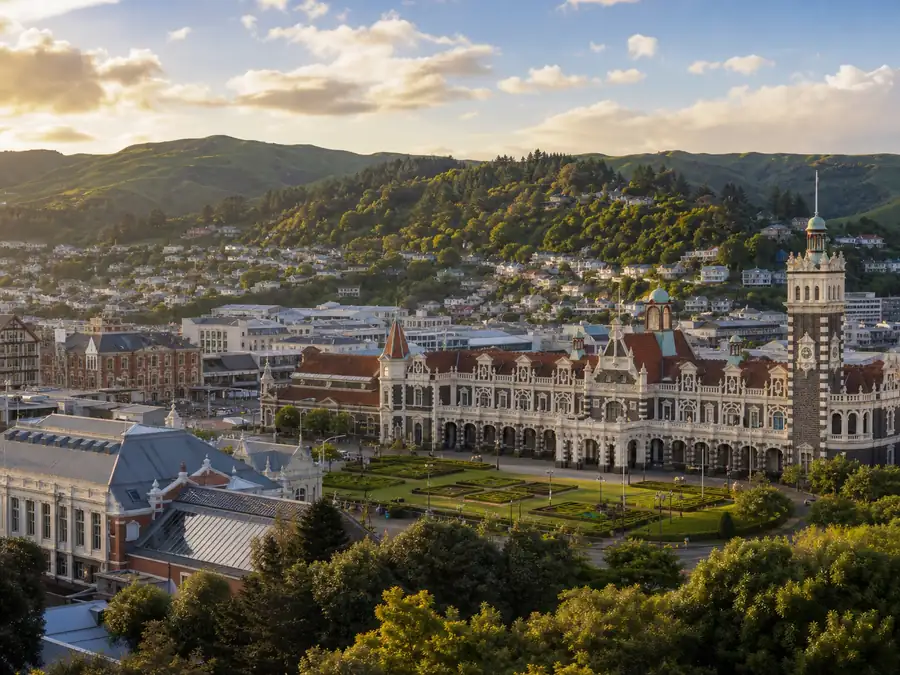 Dunedin heritage architecture and green hills